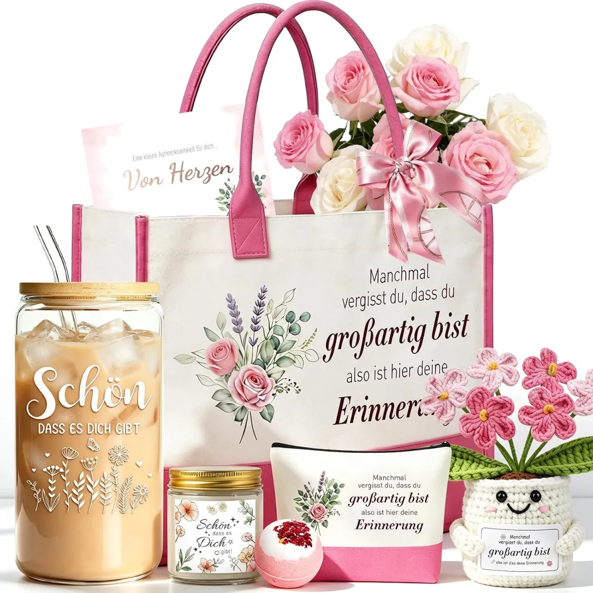 Geschenkset mit Häkelblume für Frauen zum Geburtstag