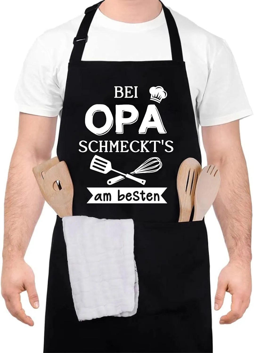 Schwarze Grillschürze zur Einweihung in der neuen Küche
