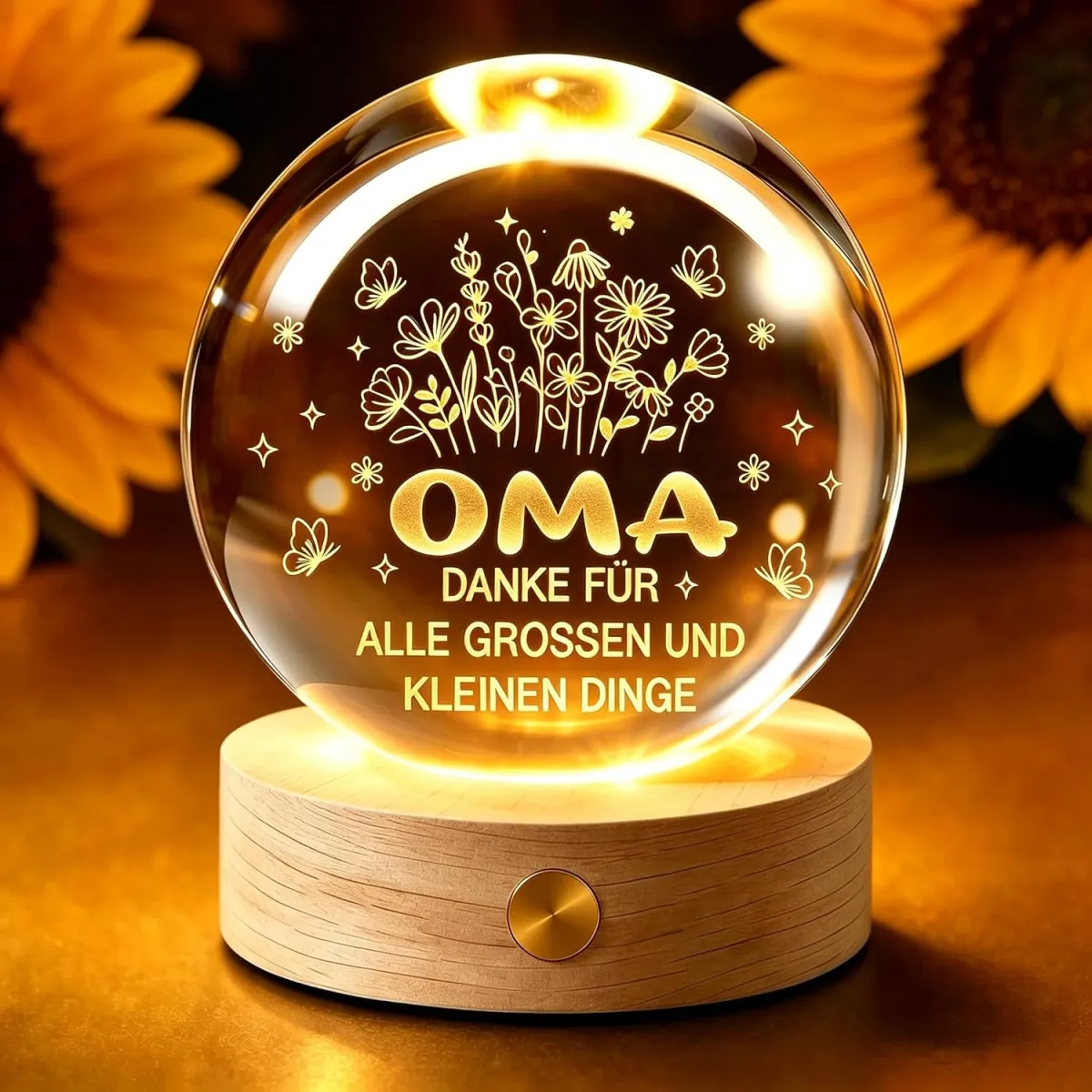 Leuchtende Glaskugel mit Gravur – Geschenk für Oma