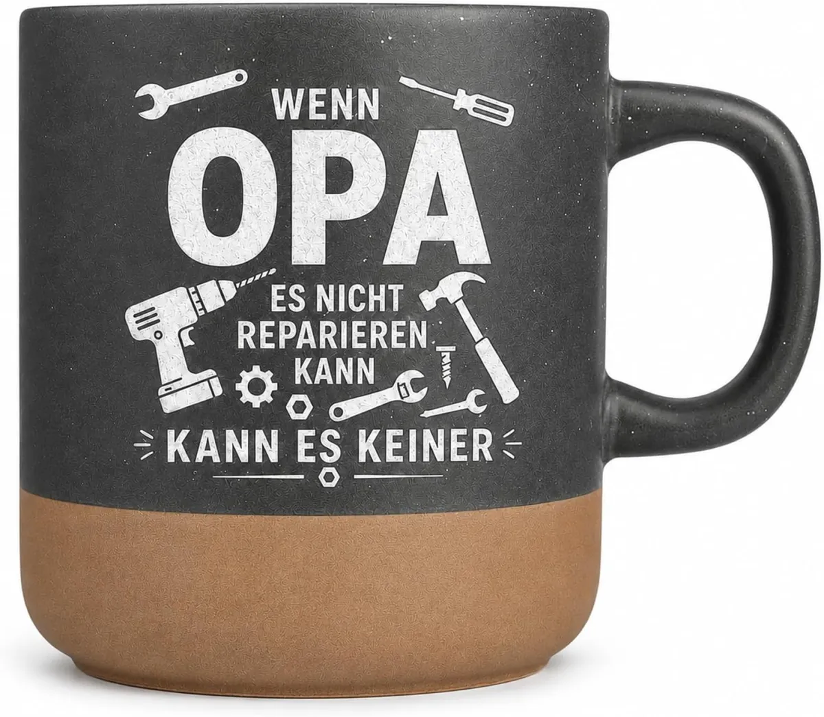 Graue Kaffeetasse mit Werkzeugmotiven und braunem Boden, ein Becher für den Opa