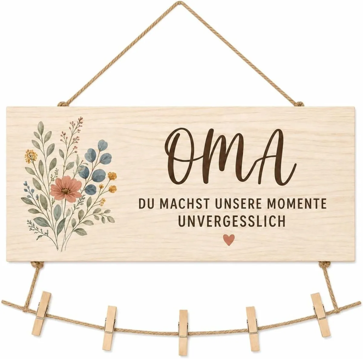 Holzschild mit Fotoklammern für Oma – persönliches Geschenk