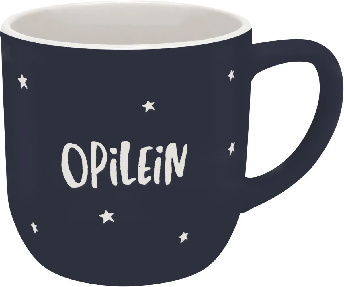 Tasse mit Gravur „Opilein“ zur Einweihung, Kaffeebecher aus Steinzeug