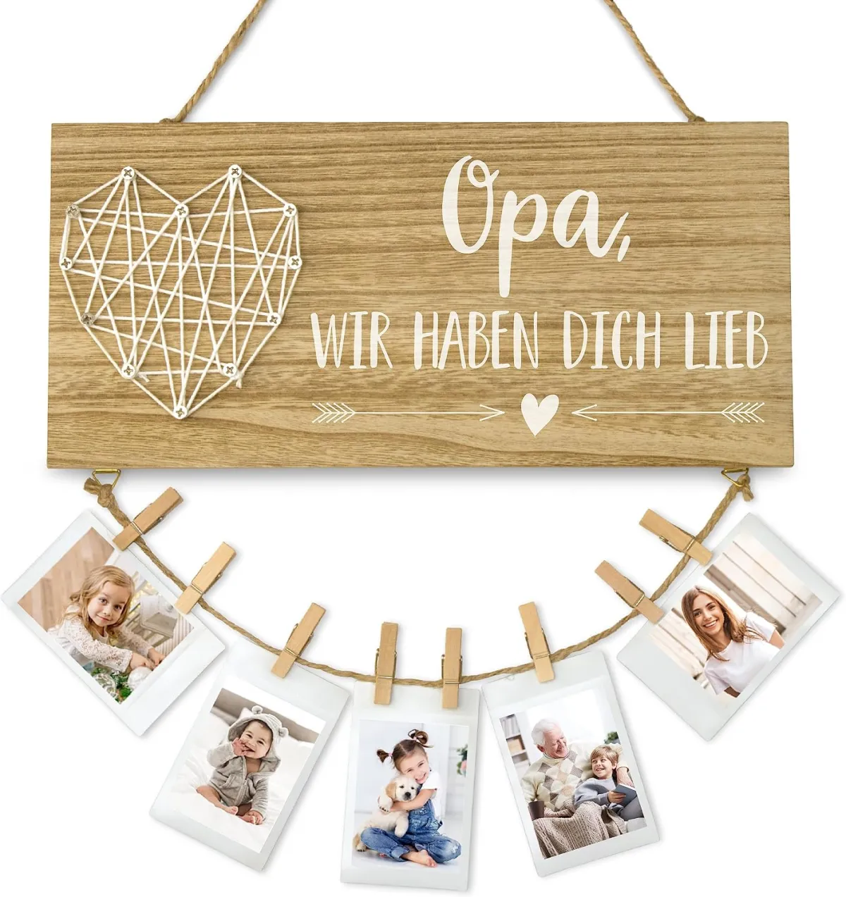 Holzschild „Opa, wir haben dich lieb“ mit Fotoseil für die neue Wohnung