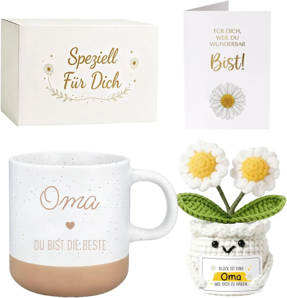 Oma-Geschenkset mit Tasse und gehäkelter Margerite