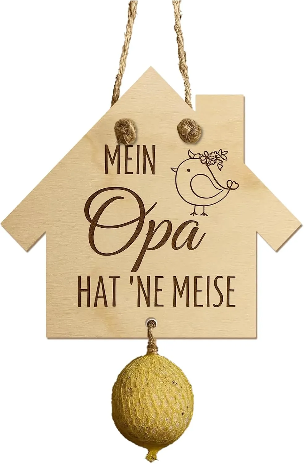 Meisenknödelhalter aus Holz mit Gravur als Geschenk zur Einweihung
