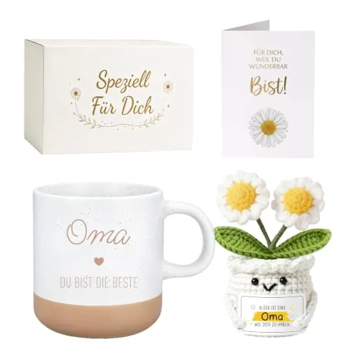 Oma-Geschenkset mit Tasse und gehäkelter Margerite – Bild 2