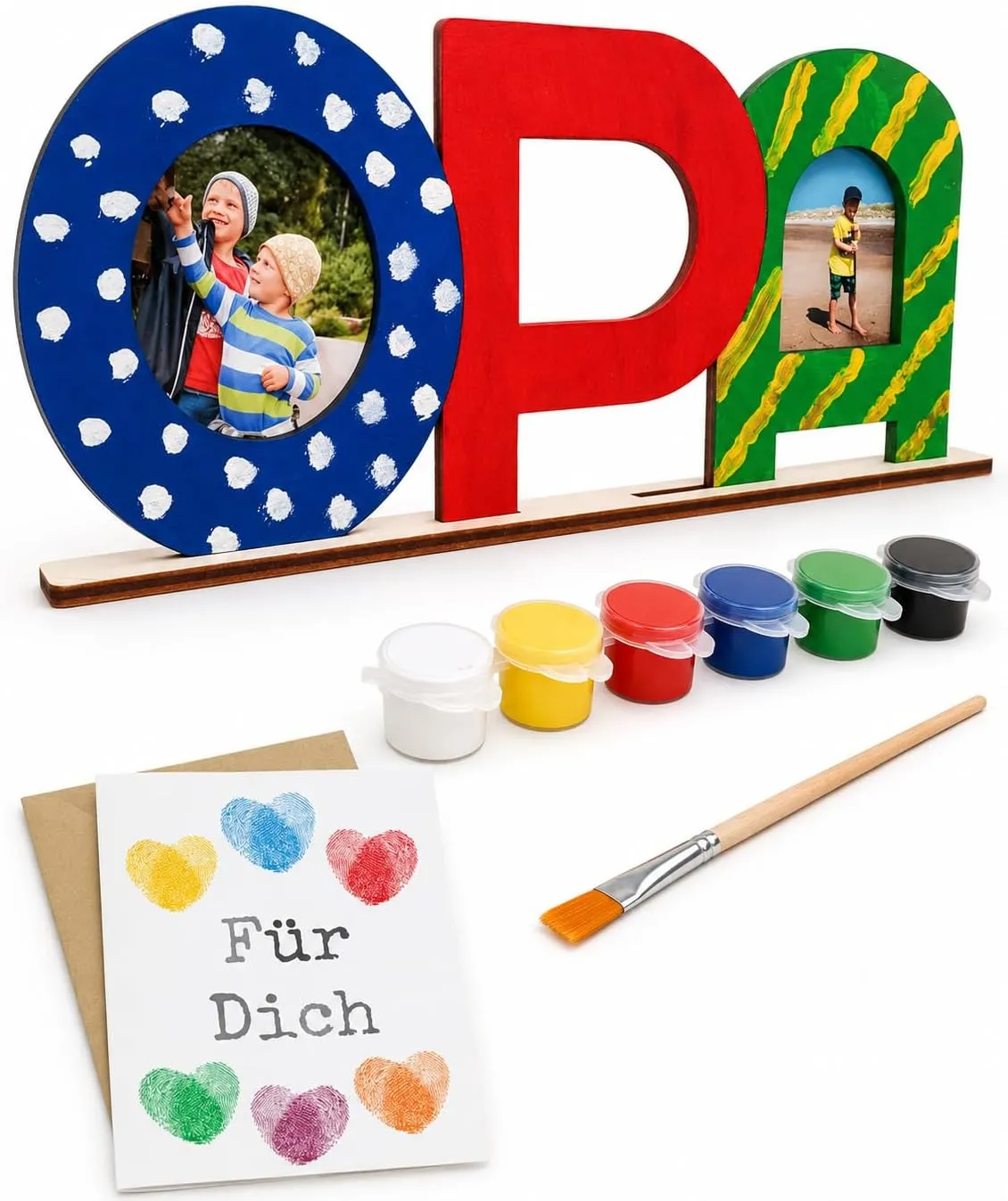 Bemalter Holzschriftzug OPA mit Fotos, selbstgemacht von Enkeln