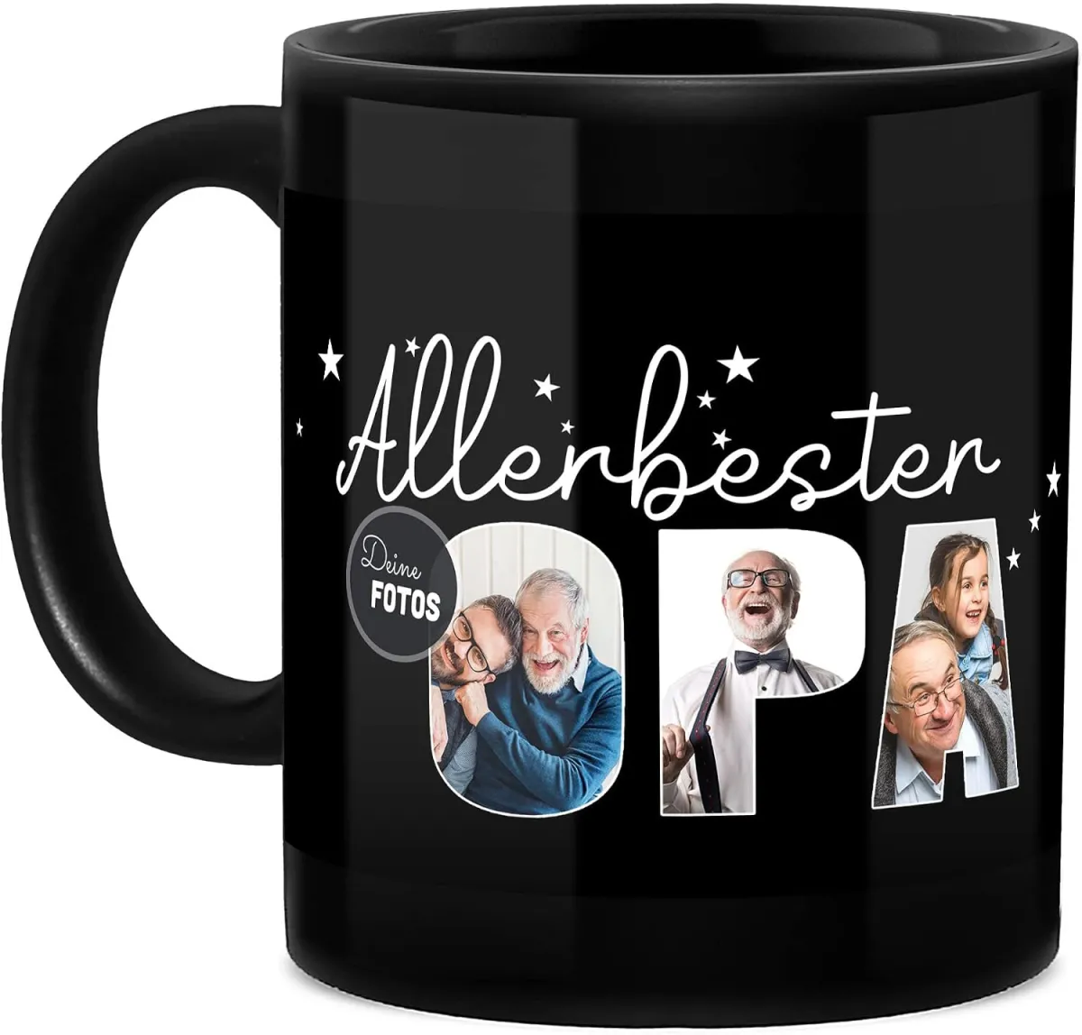 Schwarze Tasse für Opa mit Fotos und Spruch, Tassendruck zur Einweihung