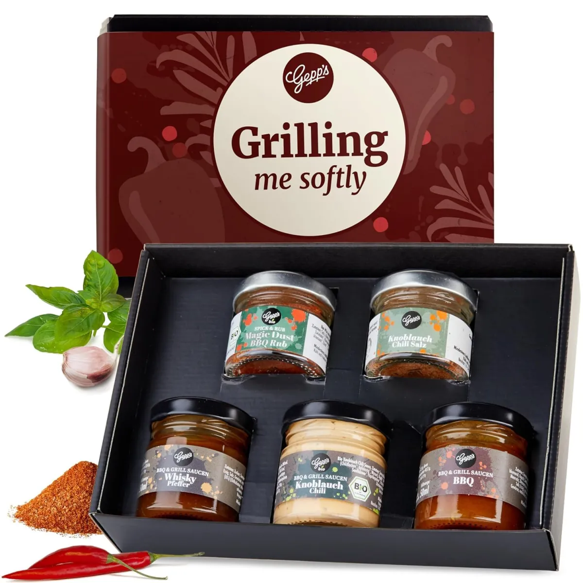 Grill-Probierbox mit Gewürzen & Saucen für Grillfans