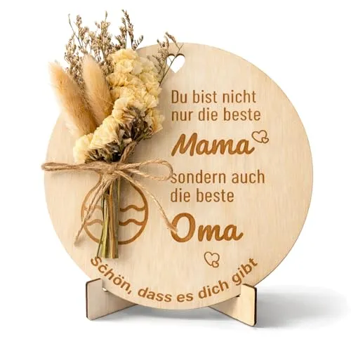 Runder Holzaufsteller mit Trockenblumen für Oma – Bild 2