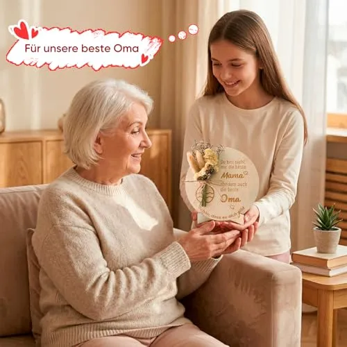 Runder Holzaufsteller mit Trockenblumen für Oma – Bild 3