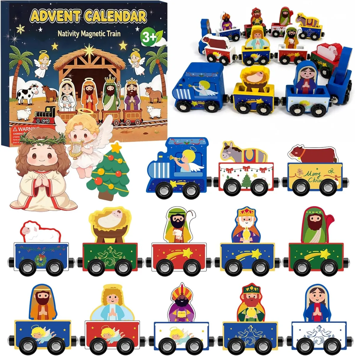 Holzeisenbahn-Adventskalender mit Krippenfiguren für Kinder