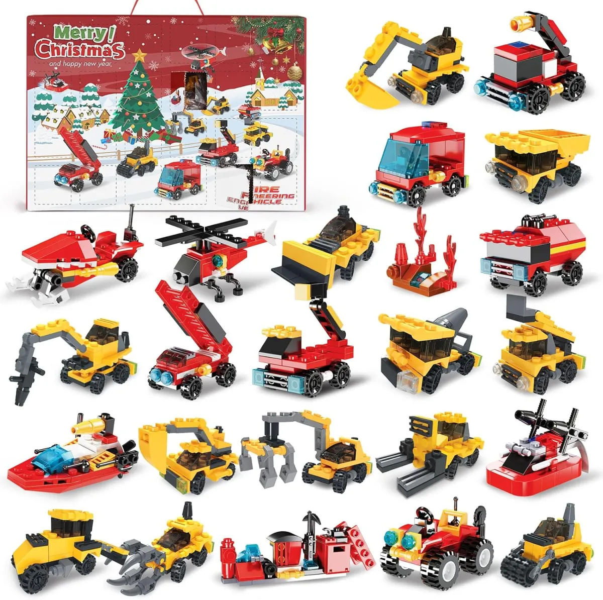 Bausteine-Adventskalender mit LKW und Feuerwehr für Kinder